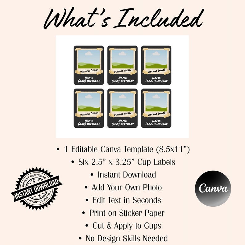 May include: An editable Canva template featuring six 2.5" x 3.25" cup labels on an 8.5" x 11" sheet. Each label has a black background, a central photo frame, and text fields for Vintage (Year), Name, and (Age) Birthday. Includes Canva logo.