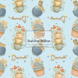 Papel digital de Alicia en el país de las maravillas: tazas de té, pociones, llaves doradas (azulejo JPG sin costuras, 12 x 12 pulgadas)