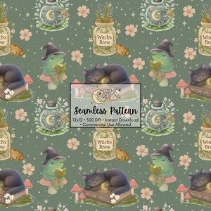 Peut inclure: Motif sans couture avec des illustrations d'un chat noir, d'une grenouille portant un chapeau de sorcière, de bocaux étiquetés "Witch's Brew" et d'une bouteille de potion avec un croissant de lune. Le motif comprend des champignons, des fleurs et le texte "Seamless Pattern".