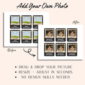 May include: A digital template showing a before and after comparison of a customizable photo tag. The tags feature a black background, a central photo frame, and a beige banner with the text Vintage (Year), Name, and (Age) Birthday.