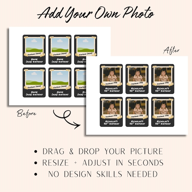 May include: A digital template showing a before and after comparison of a customizable photo tag. The tags feature a black background, a central photo frame, and a beige banner with the text Vintage (Year), Name, and (Age) Birthday.
