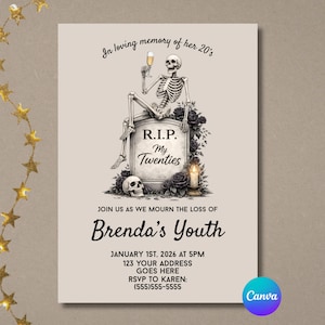 Pode incluir: Um cartão de convite bege com uma ilustração de esqueleto. O esqueleto está sentado em uma lápide que diz "R.I.P. My Twenties". O cartão inclui o texto: "In loving memory of her 20's" e "Join us as we mourn the loss of Brenda's Youth."