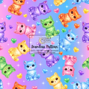 Rainbow Cat Seamless Pattern | Cute Kittens Digital Paper | Lisa Frank Aesthetic | Y2K Kawaii Rainbow Background | 12x12 300 DPI