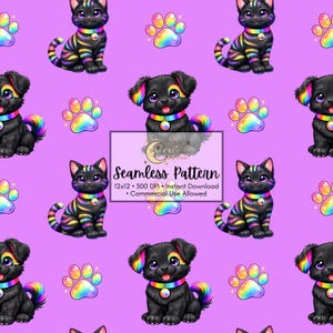 May include: Seamless pattern featuring cartoon black cats and dogs with rainbow stripes and collars, along with colorful paw prints, set against a purple background. The text "Seamless Pattern" is included in the image.