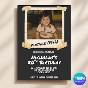 May include: A black birthday invitation card featuring a vintage-style photo of a young child in a polo shirt, taped with beige adhesive strips. The text reads: VINTAGE (1976), JOIN US TO CELEBRATE NICHOLAS'S 50TH BIRTHDAY, SAT. JANUARY 1ST @ 5PM, 123 YOUR ADDRESS GOES HERE, RSVP TO KAREN: (555)555-5555.