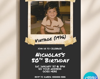 50th Birthday Photo Invitation Template, Editable Vintage 70s Polaroid Invite, Retro 50th Birthday Party Invite, Canva Template, 1976 Invite