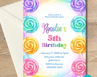 Lollipop Birthday Invitation Editable | Candy Birthday Invite | Sweet Celebration Party | Rainbow Lollipop Invite | Any Age Canva Template