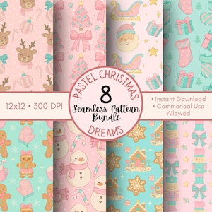 May include: A digital seamless pattern bundle with eight designs featuring pastel Christmas themes. Designs include reindeer, Christmas trees, Santa in a sleigh, gifts, stockings, gingerbread people, snowmen, and nutcrackers. The text reads "Pastel Christmas" and "Seamless Pattern Bundle".