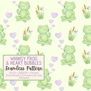 Frog Blowing Heart Bubbles Seamless Pattern | Whimsical Digital Paper (Digital Download)