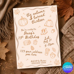 Plantilla de invitación de cumpleaños número 13 de otoño, Invitación "Cumplí trece años en otoño", Invitación acogedora para fiesta de cumpleaños con calabazas de otoño, Canva editable