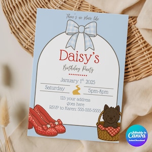 Invitación de cumpleaños para niña inspirada en El Mago de Oz / Plantilla editable de Canva / Invitación de Ruby Slippers y el perro Toto