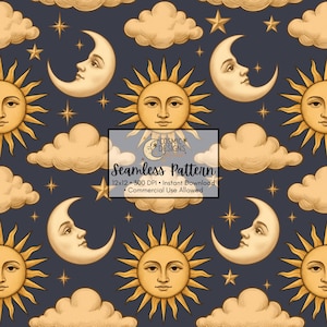 Vintage Celestial Seamless Pattern | Sun Moon Stars Design | Tarot Mystical Digital Paper | Witchcore Background | Boho Celestial Wallpaper