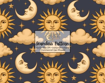 Vintage Celestial Seamless Pattern | Sun Moon Stars Design | Tarot ...