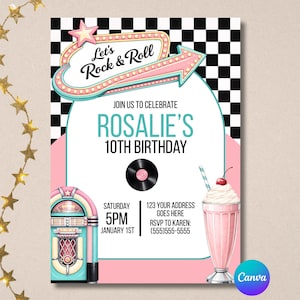 50s Rock and Roll Birthday Invitation Template | Retro Diner Girl Party Invite | Pink Teal Jukebox Milkshake | Editable Canva Invite