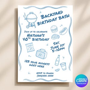 Könnte beinhalten: Weiße Einladung mit blauem handgeschriebenem Text und Illustrationen für eine Garten-Geburtstagsfeier. Enthält einen Grill, Burger, Hotdog, Steak, Chips, Lautsprecher, Bier und Becher. Die Einladung ist für Nathans 40. Geburtstag.