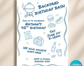 Backyard Birthday Bash Invitation Template, BBQ Birthday Party Invite, Summer Cookout Invite, Men’s Birthday Canva Template