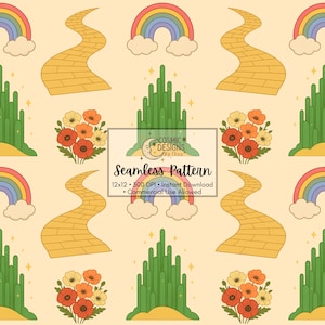 Yellow Brick Road Seamless Pattern | Wizard if Oz Digital Paper | Rainbows, Poppies & Emerald City | 12x12 | 300 DPI | Digital Download