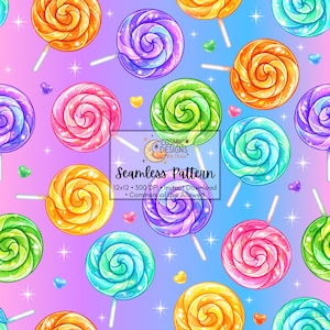 May include: A seamless pattern featuring colorful, swirled lollipops on white sticks. The lollipops are in shades of orange, yellow, green, blue, purple, and pink, with heart and star accents. The text "Seamless Pattern" is included.