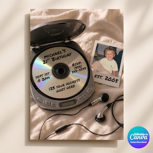 May include: A silver portable CD player with an open lid displaying text that reads Michael's 21st Birthday, Sept 1st at 2pm, RSVP (555) 555-5555, and 123 Your Address Goes Here. Next to it is a polaroid photo of a child with the text Est. 2005.