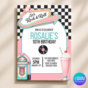 Könnte beinhalten: Eine Geburtstagseinladungskarte mit schwarz-weißem Schachbrettmuster, einem rosa Neon-Schild mit der Aufschrift Let's Rock & Roll, einer Jukebox, einer Schallplatte und einem rosa Milchshake. Text enthält Rosalie's 10th Birthday, Datum und Kontakt.
