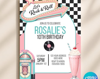 50s Rock and Roll Birthday Invitation Template | Retro Diner Girl Party Invite | Pink Teal Jukebox Milkshake | Editable Canva Invite
