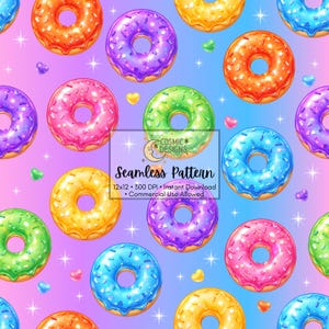 May include: A seamless pattern featuring colorful donuts with sprinkles and frosting. The donuts are in various colors, including orange, purple, pink, green, yellow, and blue, with heart-shaped and star accents. The text "Seamless Pattern" is also included.