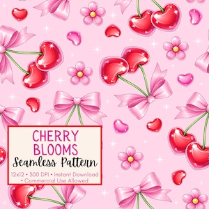 Padrão sem costura de flores de cerejeira | Design fofo de coração e cereja | Padrão de flores rosa para o Dia dos Namorados e anos 2000 | Download digital | 12x12 300 DPI