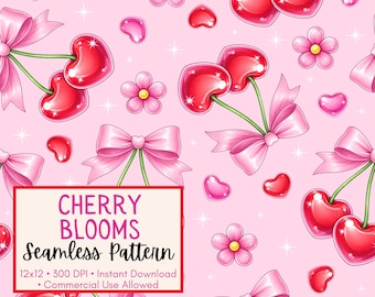 Patrón sin costuras de flores de cerezo / Diseño de coqueta con forma de corazón de cereza / Patrón de flores rosas de San Valentín y Y2K / Descarga digital / 12x12 300 DPI
