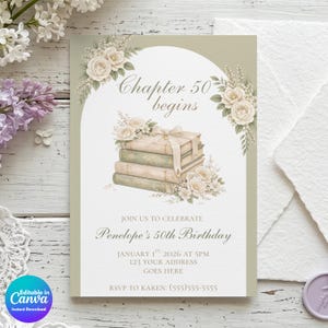 Chapter 50 Birthday Invitation Template, Sage Green Floral Birthday Invite, Elegant Vintage Party Invite, 50th Birthday, Editable Canva