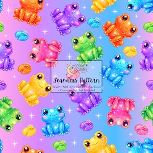 Puede incluir: Un patrón sin costuras con ranas de dibujos animados brillantes en naranja, morado, rosa, verde, amarillo y azul. El diseño incluye pequeños nenúfares y el texto "Seamless Pattern".