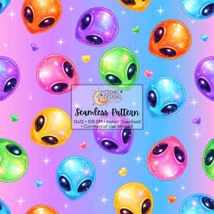 May include: Seamless pattern featuring colorful, glittery alien faces in orange, purple, pink, green, yellow, and blue. The background is a gradient of pink, purple, and blue with small hearts and stars. The text "Seamless Pattern" is visible.