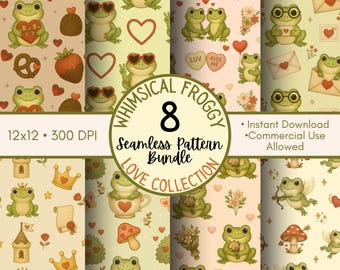 Whimsical Froggy Love Pattern Bundle | 8 Seamless Valentine’s Day Frog Patterns | Cute Fairytale Frog Clipart Backgrounds | 12x12 300 DPI