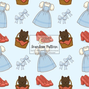 Classic Dorothy Seamless Pattern | Blue Gingham Dress, Red Ruby Slippers & Toto Dog | Cute Wizard of Oz Inspired Digital Paper