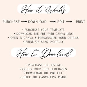 May include: A light peach-colored graphic with the text "How it Works" and "How to Download" in elegant script. The image details the steps to purchase, download, edit, and print a template. Instructions include purchasing, downloading a PDF, opening in Canva, and printing.