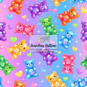 Candy Pop Gummy Bears Seamless Pattern | Y2K Rainbow Bears Digital Paper | Cute Candy Hearts Background | Commercial Use PNG