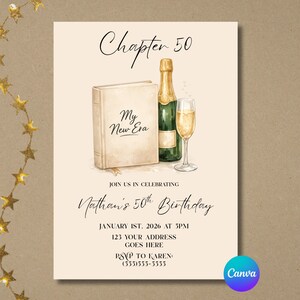 May include: A beige birthday invitation with watercolor illustrations. The design includes a book, champagne bottle, and glass. Text reads "Chapter 50", "My New Era", and "Nathan's 50th Birthday". Additional details include date, time, and RSVP information.