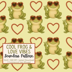 May include: Seamless pattern featuring cartoon frogs wearing heart-shaped sunglasses and giving peace signs, interspersed with red heart outlines. The text "COOL FROG & LOVE VIBES Seamless Pattern" is displayed on a rectangular label. The background is a light yellow color.