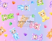 Rainbow Baby Doll Seamless Pattern | Y2K Cute Baby Pattern | Dopamine Nursery Fabric Design | Kawaii Baby Digital Paper | Commercial Use