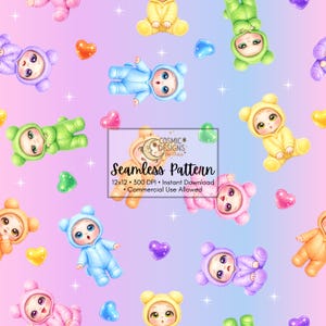 May include: Seamless pattern featuring cartoon babies in various colors, including pink, blue, yellow, and green, with heart and star accents. The text "Seamless Pattern" is visible. The pattern is 12x12 inches at 300 DPI.