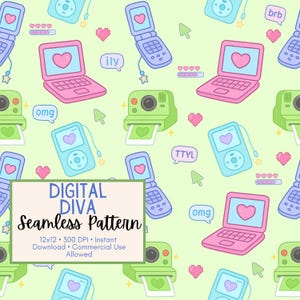 Peut inclure: Un motif sans couture avec des illustrations d'un ordinateur portable rose, d'un lecteur MP3 bleu, d'un appareil photo instantané vert et d'un téléphone à clapet violet, tous avec des cœurs. Le motif comprend le texte "DIGITAL DIVA Seamless Pattern".