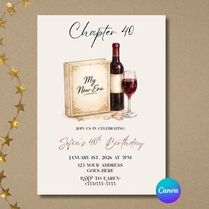 May include: An invitation with the text "Chapter 40" and "My New Era". It features a wine bottle, a glass of red wine, and a book. The invitation is for Sofia's 40th birthday, January 1st, 2026.