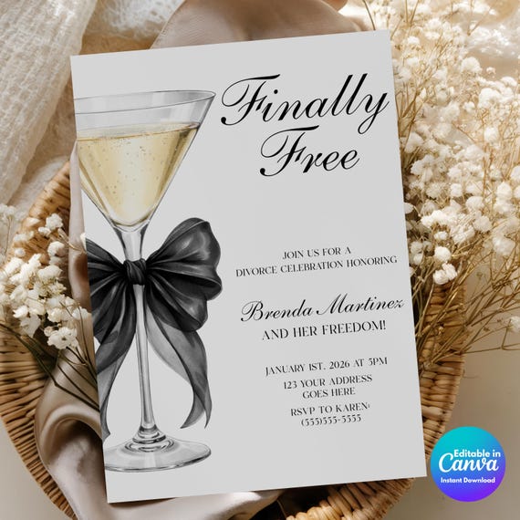 Finally Free Divorce Party Invitation Template, Elegant Martini Divorce Invite, Editable Canva Divorce Celebration Invite