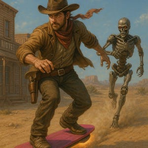 May include: An illustration of a cowboy riding a pink skateboard with a glowing undercarriage, pursued by a skeletal figure in a desert landscape. The cowboy wears a brown hat, jacket, and red scarf. A building with the word "RIDVEL" is in the background.