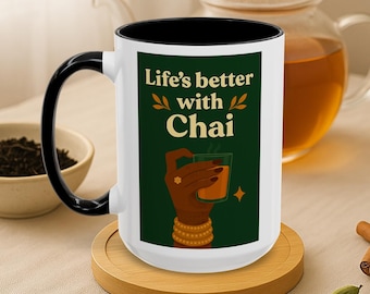 Taza "La vida es mejor con chai", diseño de henna en las manos, regalo para amantes del té indio, taza de café de cerámica de 11 oz y 15 oz