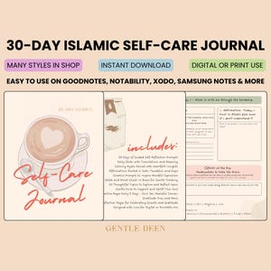 May include: A 30-Day Islamic Self-Care Journal with a coffee cup design. The journal includes guided self-reflection prompts, daily Dhikr, affirmations, and more. The journal is available for digital or print use.