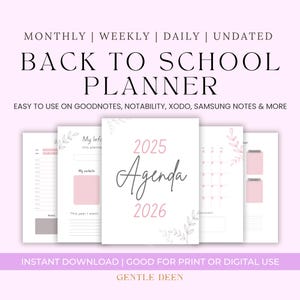 May include: A Back to School Planner with a white cover and pink accents. The cover reads "2025 Agenda 2026". The planner includes sections for monthly, weekly, and daily planning. The planner is an instant download and can be used for print or digital use.