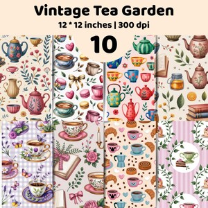 Vintage Tea Seamless Pattern Bundle Teacup Teapot Floral Digital Paper Cottage Fabric Print