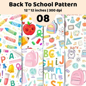 Könnte beinhalten: Ein digitales Musterdesign mit dem Titel Back To School Pattern 12 * 12 inches | 300 dpi 08 mit einem sich wiederholenden Motiv aus Schulsachen wie bunten Buntstiften, Äpfeln mit Brillen, rosa Rucksäcken, Buchstaben und Weckern.