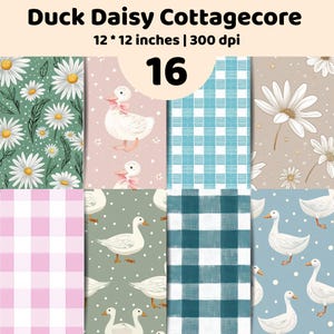 Könnte beinhalten: Eine digitale Sammlung von 16 Mustern mit dem Titel Duck Daisy Cottagecore, die 30,48 x 30,48 cm bei 300 dpi misst. Das Set enthält Illustrationen von weißen Enten, Gänseblümchen sowie verschiedene Karomuster und Punkte in Grün, Rosa und Blau.