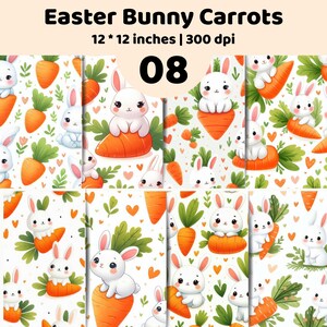 Könnte beinhalten: Ein digitales Muster mit weißen Cartoon-Hasen und orangefarbenen Karotten auf weißem Hintergrund. Der Text lautet Easter Bunny Carrots, 12 * 12 inches | 300 dpi, und 08. Das Design enthält kleine orangefarbene Herzen und grünes Karottengrün.
